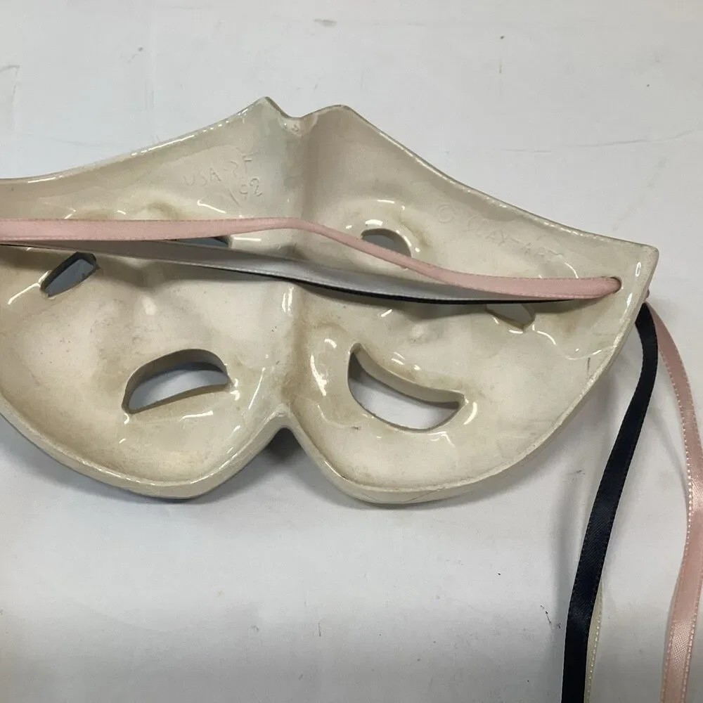 vtg clay art mask classic comedy tragedy faces 1992 glossy hanging ribbons